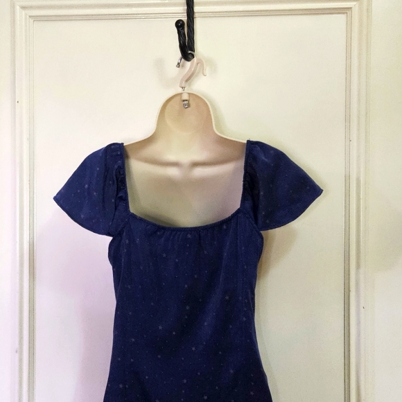 Lark + Grey Navy Blue/Brown Star Print Flutter Sleeve Midi Dress,Large - Picture 12 of 16